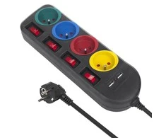 Maclean maitinimo juostelė, 4 lizdų ilgintuvas + 2xUSB, su jungikliais, 250VAC/10A, 2.1A 5V, 1.5m, juodas, MCE229 B
