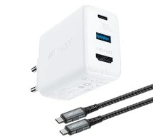 Acefast 2in1 įkroviklis GaN 65W USB Type C / USB, adapter adapter HDMI 4K @ 60Hz (set su kabelis) baltos spalvos (A17 baltos spalvos)