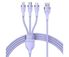 Baseus Flash Series 3 su 1-ben USB kabeliu, USB-C + mikro USB + Lightning, 100 W, 1.2 m (lila)