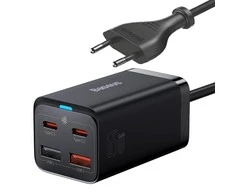 Baseus Sieninis įkroviklis GaN3 Pro 65W 2xUSB + 2xUSB-C QC4+ PD3.0 su USB-C 1.5m laidu, juodas