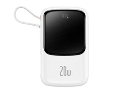 Powerbank Baseus Qpow PRO su laidu, USB-C, 2xUSB, 10000mAh, 20W (balta)