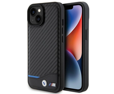 BMW Leather Carbon Mėlyna Line - dėklas skirtas Apple iPhone 15 juodas