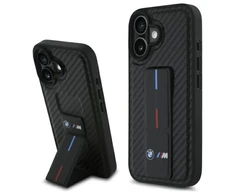 BMW BMHCP16SGSPCCK Apple iPhone 16 6.1" dėklas telefonui juodos spalvos M Grip su stoveliu Smooth and Carbon
