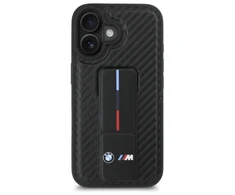 BMW BMHCP16SGSPCCK Apple iPhone 16 6.1″ juodos spalvos kietas dėklas M Grip Stand Smooth and Carbon
