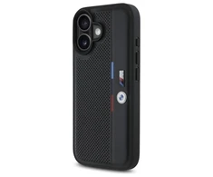 BMW BMHCP16S23 PUPVK Apple iPhone 16 6.1″ juodos spalvos kietas dėklas M Perforated Tricolor Detail Line