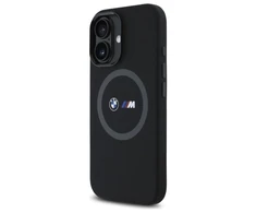 BMW BMHMP16S23SROK Apple iPhone 16 6.1" dėklas telefonui juodos spalvos M Silikoninis Printed Ring MagSafe