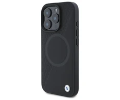 BMW BMHMP16X23RTPK Apple iPhone 16 Pro Max 6.9″ juodos spalvos kietas dėklas Sign Leather Half Textured And Circle MagSa