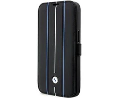 BMW BMBKP14L22RVSK dėklas Apple iPhone 14 Pro 6.1″ juodos spalvos bookdėklas Leather Stamp Mėlyna Lines