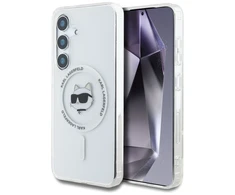 Dėklas Karl Lagerfeld Karlo Lagerfeldo mygtuko Choupette galvutės spausdintas logotipas MagSafe Samsung Galaxy S25 Plus baltas