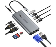Adapteris 12in1 Choetech HUB-M26 USB-C for USB-C+ USB-A+ HDMI+ VGA+ AUX+ SD+ TF - Pilkas