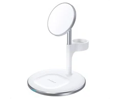 Belaidis įkroviklis CHOETECH, 15W, 3in1, magnetinis, baltas su stovu