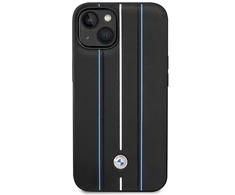 Dėklas BMW BMHCP14S22RVSK iPhone 14 6,1 colio juodas/juodas kietas odinis antspaudas mėlynos linijos
