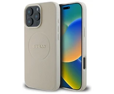 Dėklas Apple iPhone 16 Pro Max Guess kieto dėklo grūdėtas žiedas MagSafe smėlio spalvos