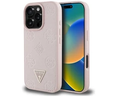 Originalus Dėklas GUESS Grained Hot Stamp Peony Triangle Logo MagSafe skirtas Apple iPhone 16 Pro Max rožinės spalvos