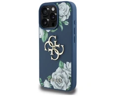 Dėklas Guess Grained Roses Big 4G logo Apple iPhone 16 Pro mėlynas