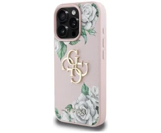 Guess PU Grained Roses 4G Metal Logo dėklas skirtas Apple iPhone 16 Pro rožinės spalvos