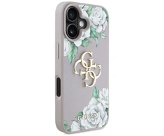 Dėklas Guess Grained Roses Big 4G logo Apple iPhone 16 violetinės spalvos