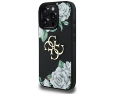 Guess PU Grained Roses 4G Metal Logo dėklas skirtas Apple iPhone 16 Pro juodos spalvos