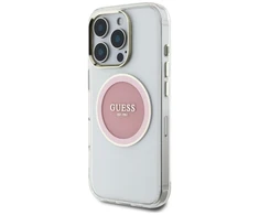 Originalus Dėklas GUESS IML Metal Colored Circle Classic Logo MagSafe skirtas Apple iPhone 16 Pro rožinės spalvos
