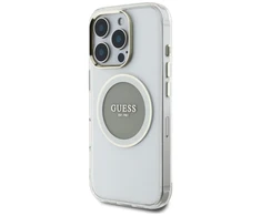 Originalus Dėklas GUESS IML Metal Colored Circle Classic Logo MagSafe skirtas Apple iPhone 16 Pro pilkos spalvos