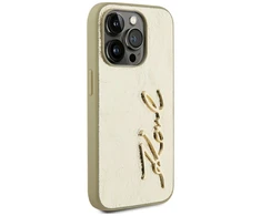 Karl Lagerfeld Wrinkled PU Signature Logo dėklas telefonui Apple iPhone 15 Pro Max aukso spalvos