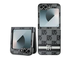 DKNY PU Leather Checkered Pattern and Stripe Samsung Galaxy Z Flip6 dėklas telefonui juodos spalvos