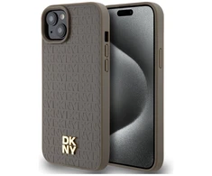 Apple iPhone 13 / 14 / 15 DKNY odinis dėklas Pattern Metal Logo MagSafe (DKHMP15SPSHRPSW) rudos spalvos