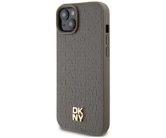 Apple iPhone 13 / 14 / 15 DKNY odinis dėklas Pattern Metal Logo MagSafe (DKHMP15SPSHRPSW) rudos spalvos