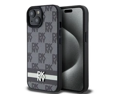 Apple iPhone 15 plus / 14 plus DKNY dėklas odinis Checkered Mono Pattern &amp; Printed Stripes (DKHCP15MPCPTSSK) juodos spalvos