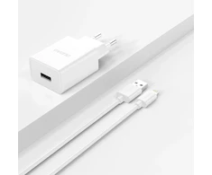 Dudao A4EU USB-A 2.1A laidinis įkroviklis – baltos spalvos + USB-A – Lightning kabelis