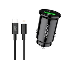 Dudao greitas automobilinis įkroviklis su USB prievadais QC3.0 + C tipo PD juodas + USB-C laidas - Lightning 18W juodas (R3PRO)
