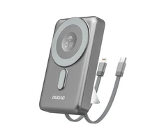 Dudao K29 10000mAh PD 20W „MagSafe“ išorinė baterija su metaliniu dėklu, stovu ir integruotais USB-C / „Lightning“ laidais – pilkos spalvos