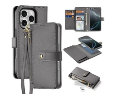 Dux Ducis Lawa Apple iPhone 16 Pro Leather dėklas su Detachable Magnetic Wallet – pilkos spalvos