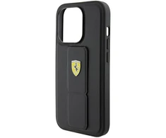 Ferrari FEHCP15XGSPSIK Apple iPhone 15 Pro Max 6.7″ juodos spalvos kietas dėklas Grip Stand Metal Logo