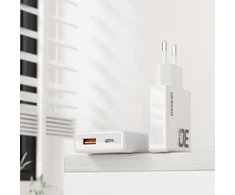 GaN Dudao A30EUT 30W USB-A / USB-C laidinis įkroviklis + USB-C – USB-C kabelis – baltos spalvos