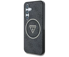 Guess 4G Glitter Triangle Mygtukai MagSafe Samsung Galaxy S25 dėklas telefonui juodos spalvos