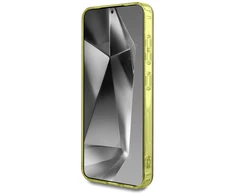 Dėklas Guess 4G Glitter Triangle Mygtukai MagSafe Samsung Galaxy S25 rudos spalvos