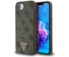 Guess PU 4G Strass Triangle Metal Logo Apple iPhone 16e dėklas telefonui rudos spalvos