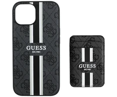 Guess 4G Stripes su portfelem Magsafe Apple iPhone 15 dėklas telefonui juodos spalvos