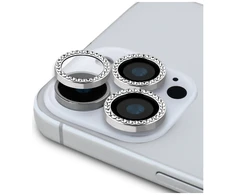 Komplektas 2 viename Guess BP Rhinestone ekrano ir kameros objektyvo stiklinis sijonas Apple iPhone 16 Pro Max sidabrinis