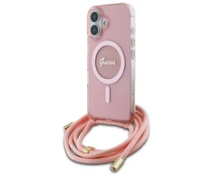 Guess GUHMP16SHCTSGNSP Apple iPhone 16 6.1″ rožinės spalvos kietas dėklas Crossbody Cord Script MagSafe