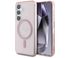 Dėklas Guess Glitter Circle Classic Logo MagSafe Samsung Galaxy S25 rožinės spalvos