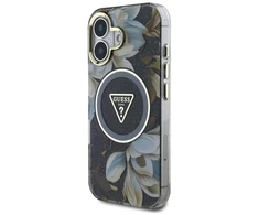 Guess Glitter Flowers Triangle Mygtukai MagSafe Apple iPhone 16 dėklas telefonui juodos spalvos