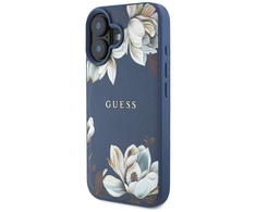 Dėklas Guess Grained Printed Flower Pattern MagSafe Apple iPhone 16 mėlynas