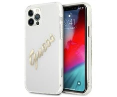 Apple iPhone 12 / 12 Pro Guess dėklas Vintage Script Gold (GUHCP12MKTRSVGO) skaidrus