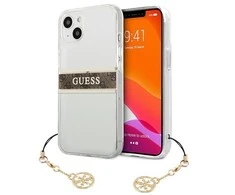 Dėklas GUESS HARD CASE GUHCP13SKB4GBR IPHONE 13 MINI RUDA DIRŽELĖ CHARM SKAIDRUS