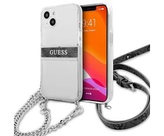 Apple iPhone 13 Mini Guess dėklas 4G Pilkas Strap Sidabrinis Chain (GUHCP13SKC4GBSI) skaidrus