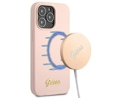 Apple iPhone 13 Pro Max Guess dėklas silikoninis Script Gold Logo Magsafe (GUHMP13XLSLMGLP) light rožinės spalvos