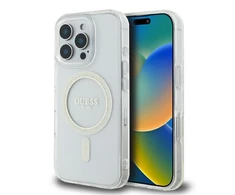Guess IML Glitter Ring MagSafe Apple iPhone 16 Pro dėklas telefonui skaidrus