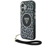 Guess HC IML Leopard Triangle Cord Strap Apple iPhone 16 MagSafe dėklas telefonui juodos spalvos